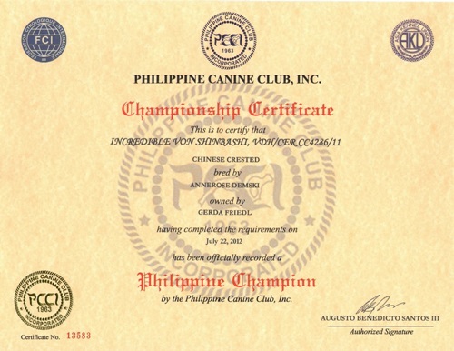 CAC Philippinen I+II 22. Juli 2012 - 1 x BOB, 1 x Beste Hündin, BOS, Champion Philippinen